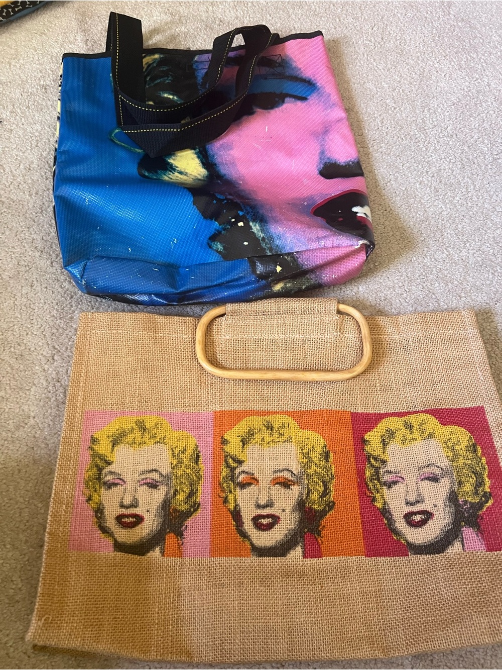 Pop Art Jute Tote Bag in Natural with Pink and Orange Panels, sold with free bag